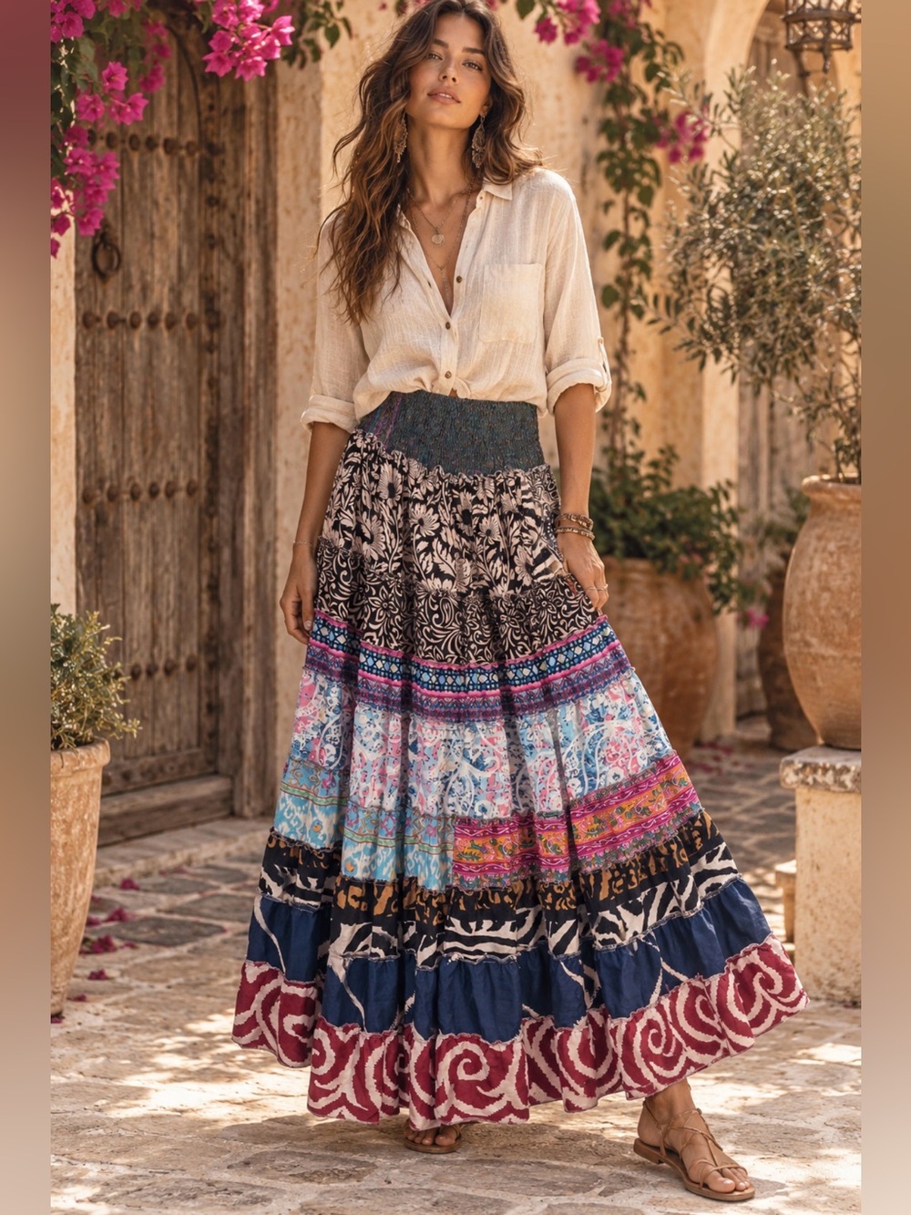 Women's Multicolor Tiered Maxi Skirt with Smocked Waist
